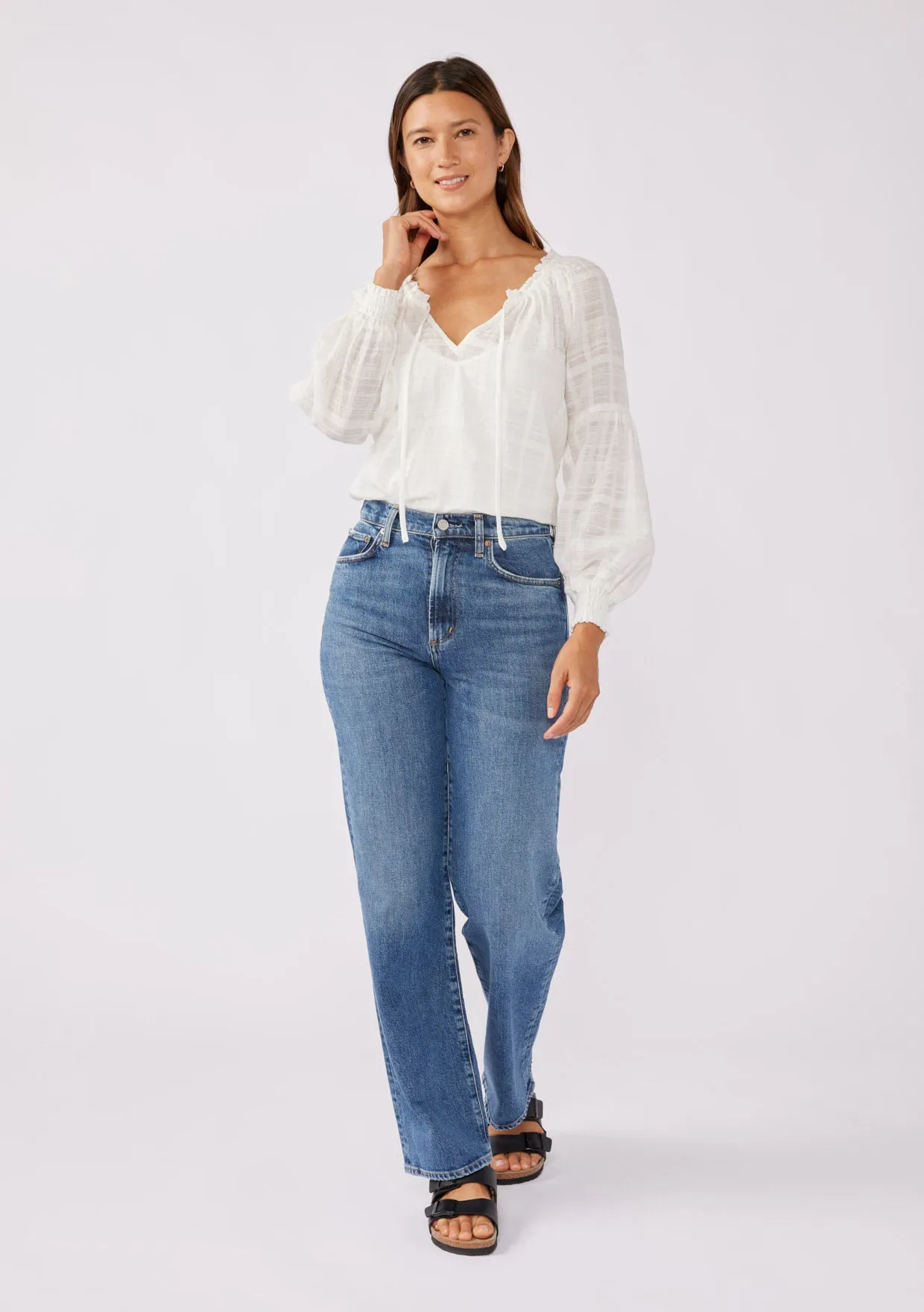 Smocked Split Neck Long Sleeve Blouse