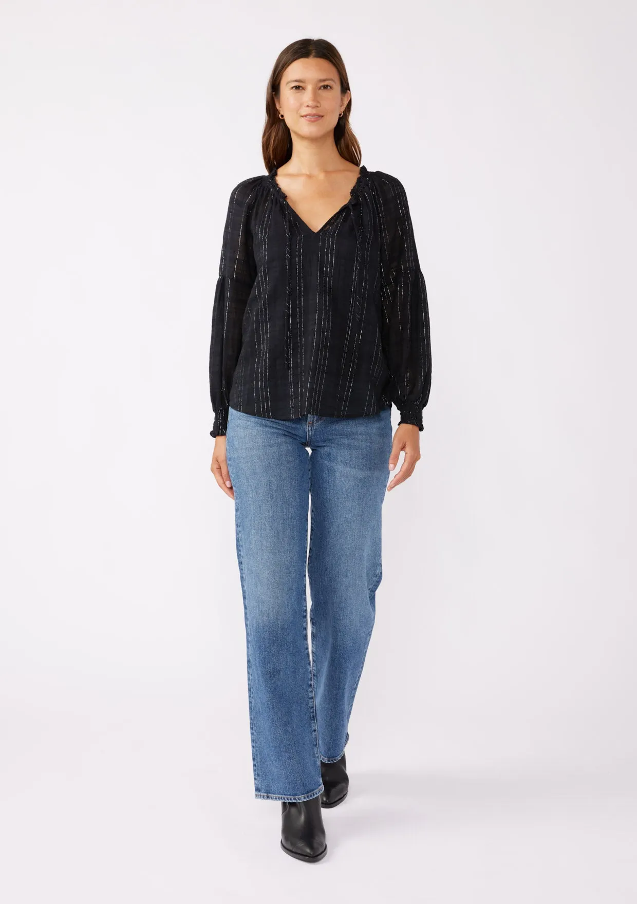 Smocked Split Neck Long Sleeve Blouse