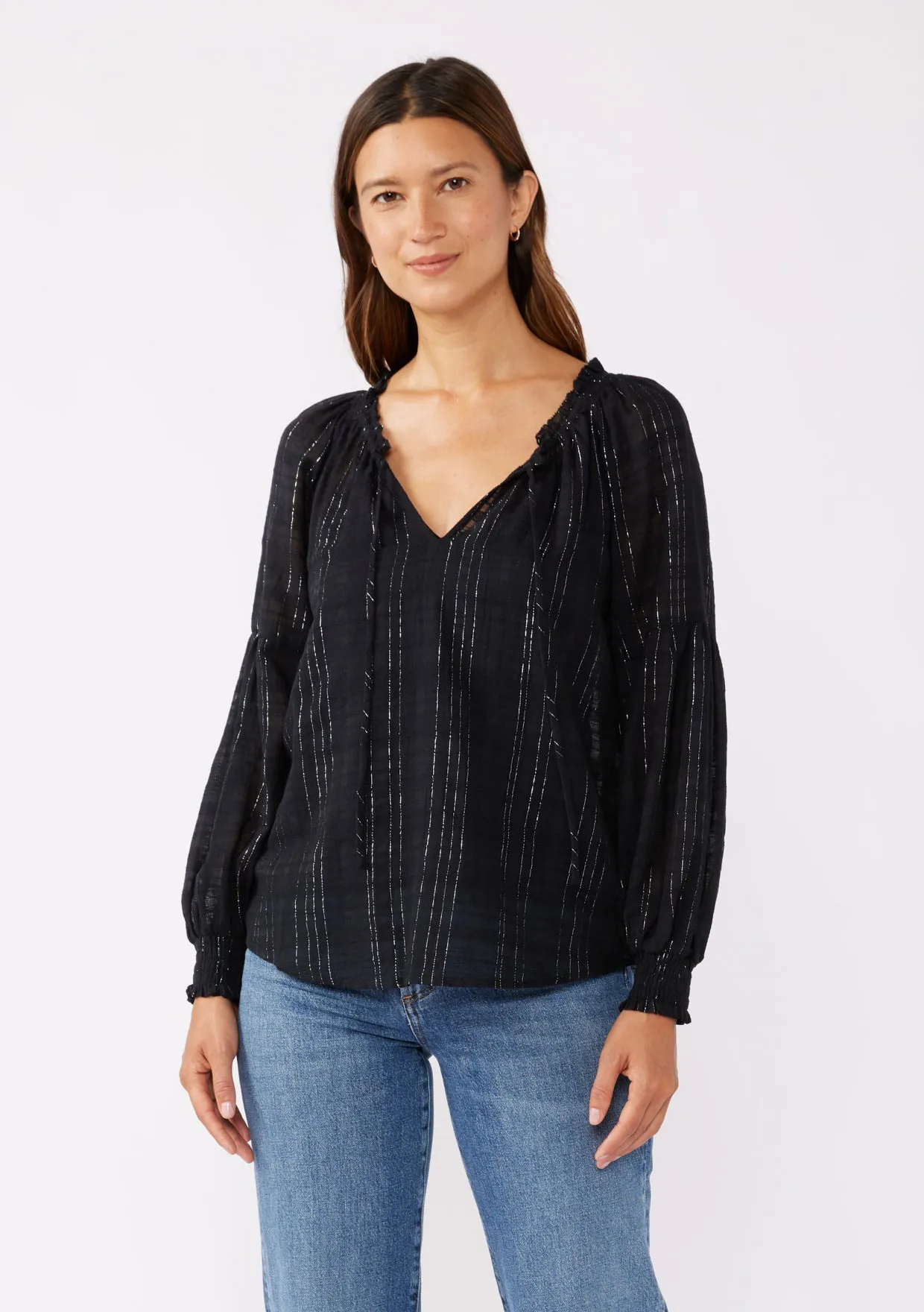 Smocked Split Neck Long Sleeve Blouse