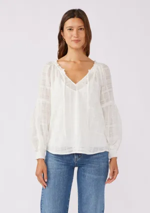 Smocked Split Neck Long Sleeve Blouse