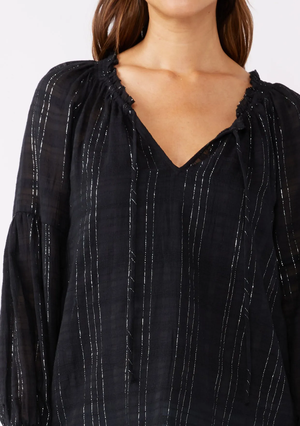 Smocked Split Neck Long Sleeve Blouse
