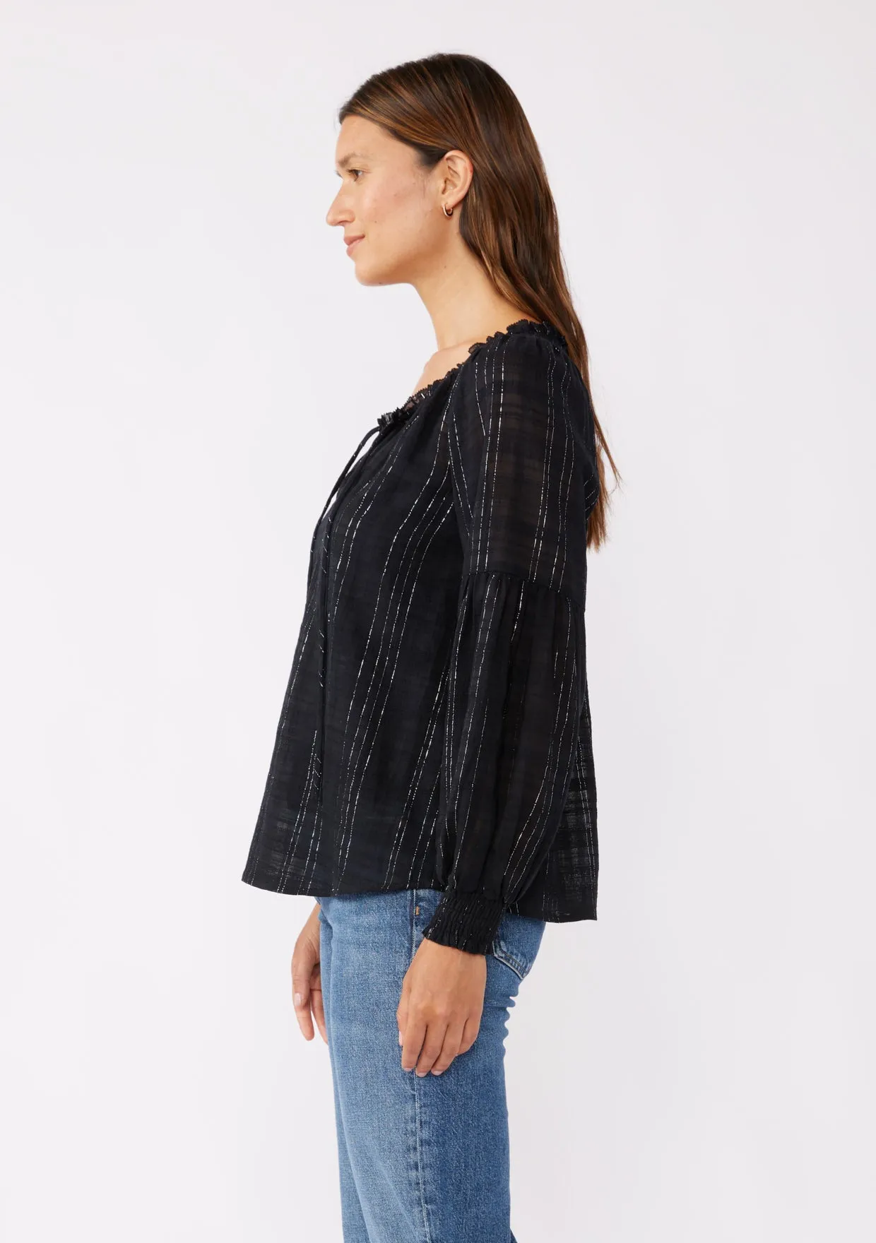 Smocked Split Neck Long Sleeve Blouse