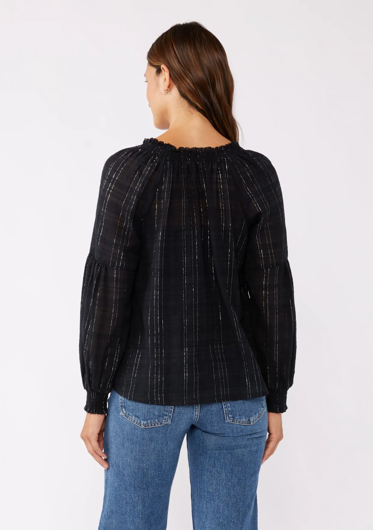 Smocked Split Neck Long Sleeve Blouse