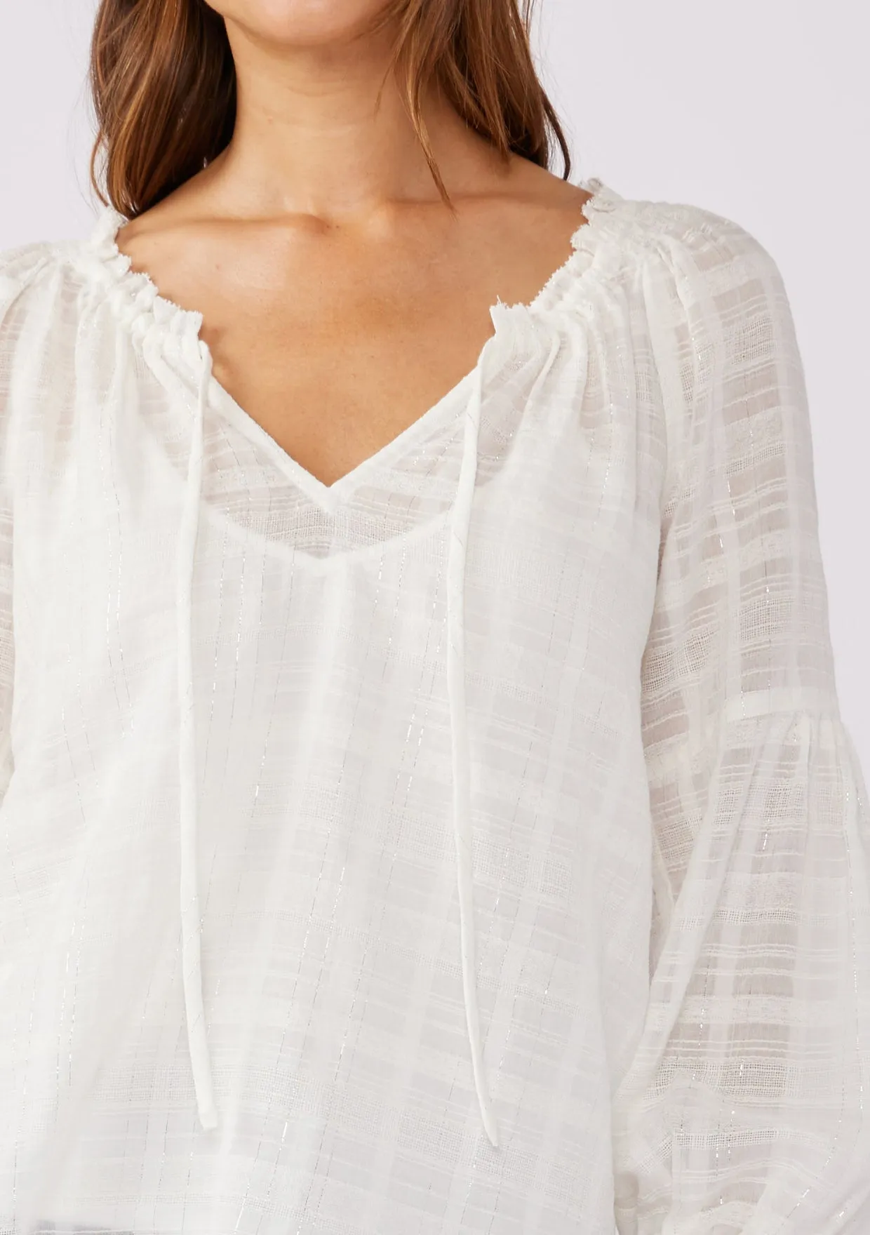 Smocked Split Neck Long Sleeve Blouse