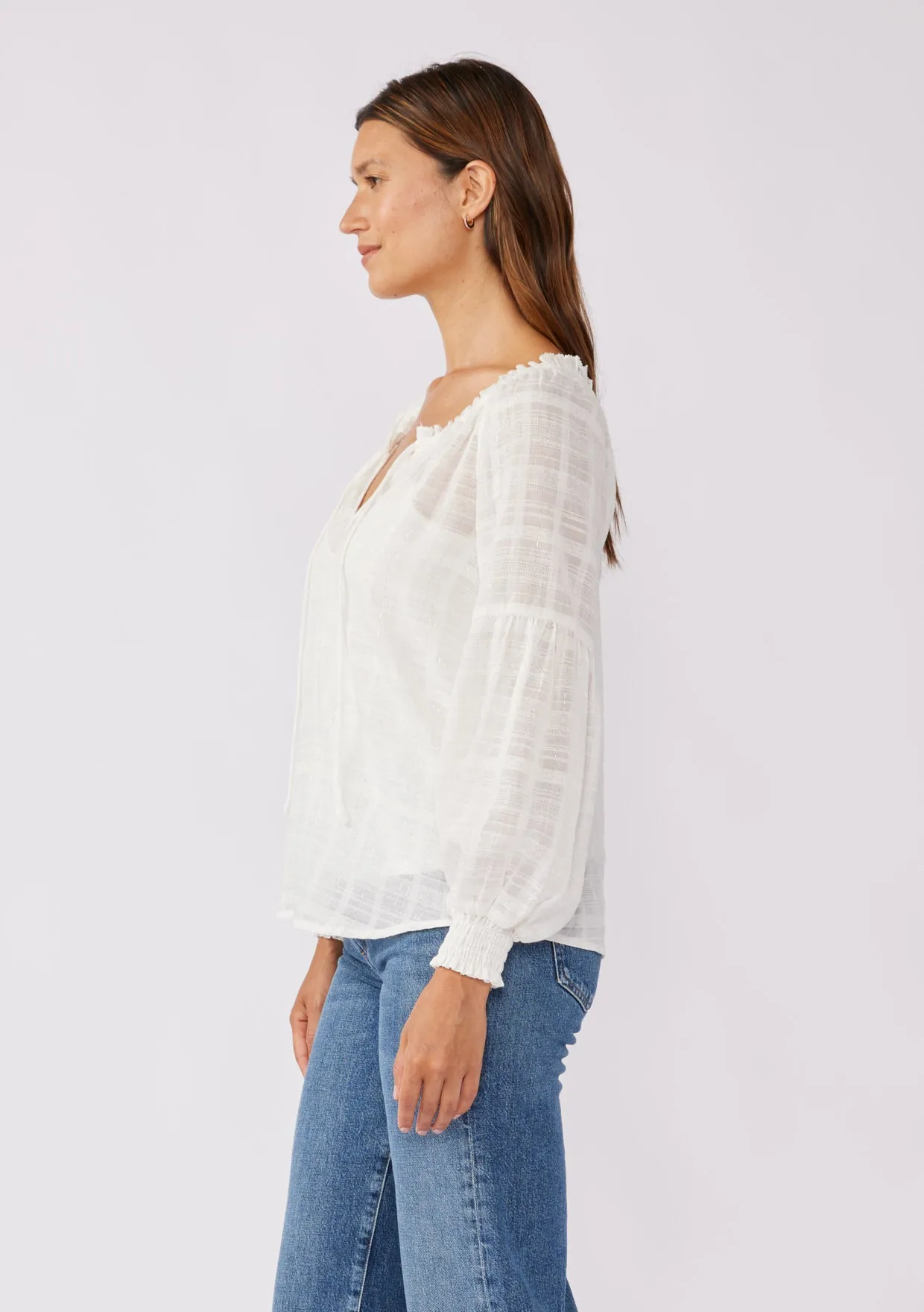 Smocked Split Neck Long Sleeve Blouse