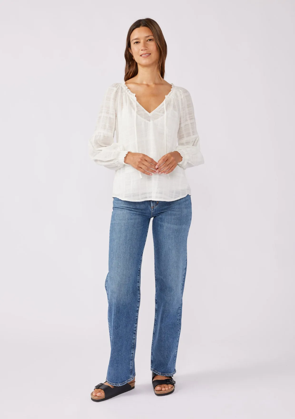 Smocked Split Neck Long Sleeve Blouse