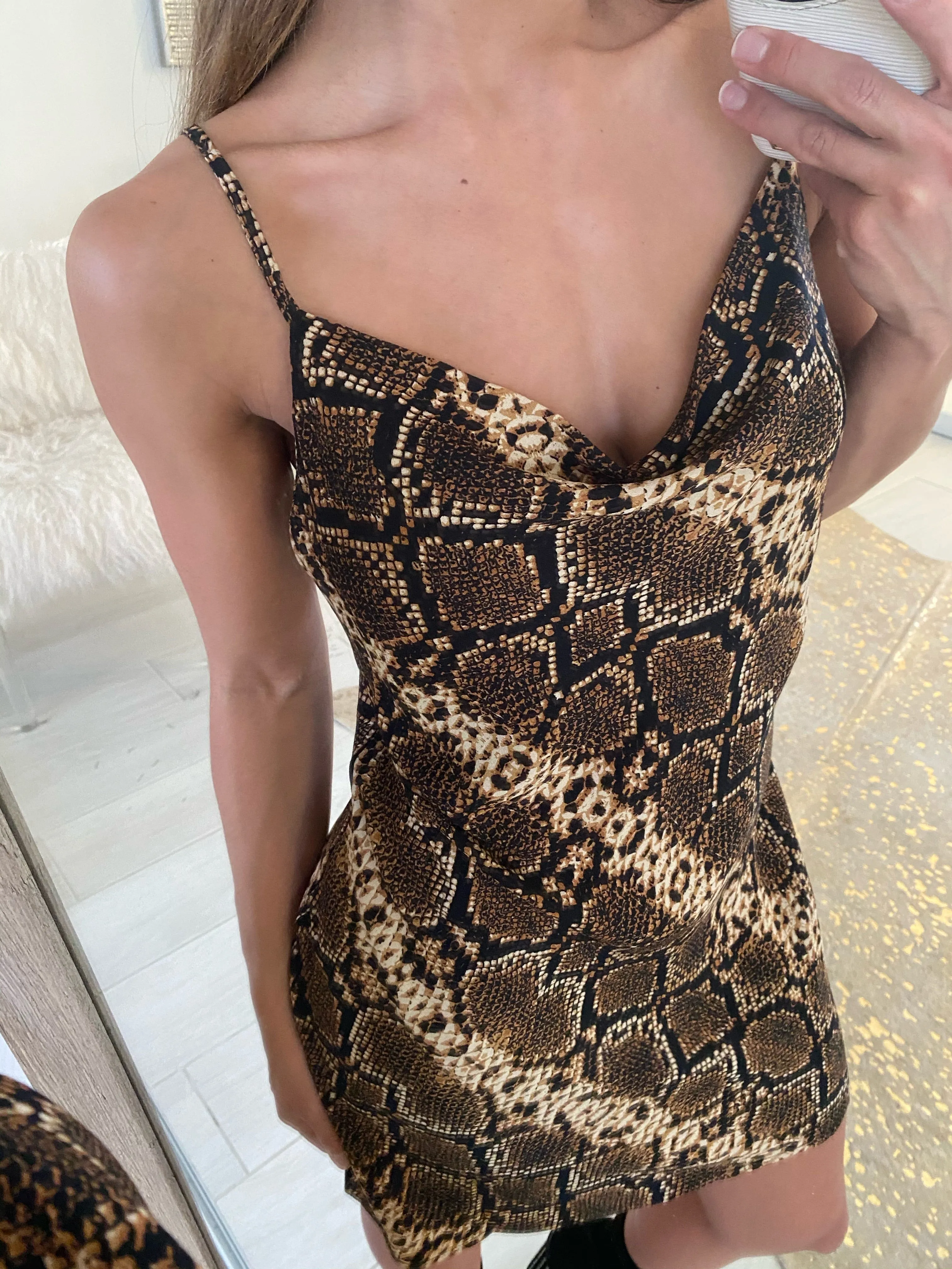 Snake Eyes Cowl Neck Mini Dress