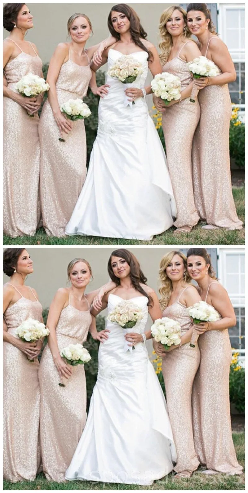 Spaghetti Straps Cheap Long Sequin Gold Bridesmaid Dresses With Sleeves, WG219