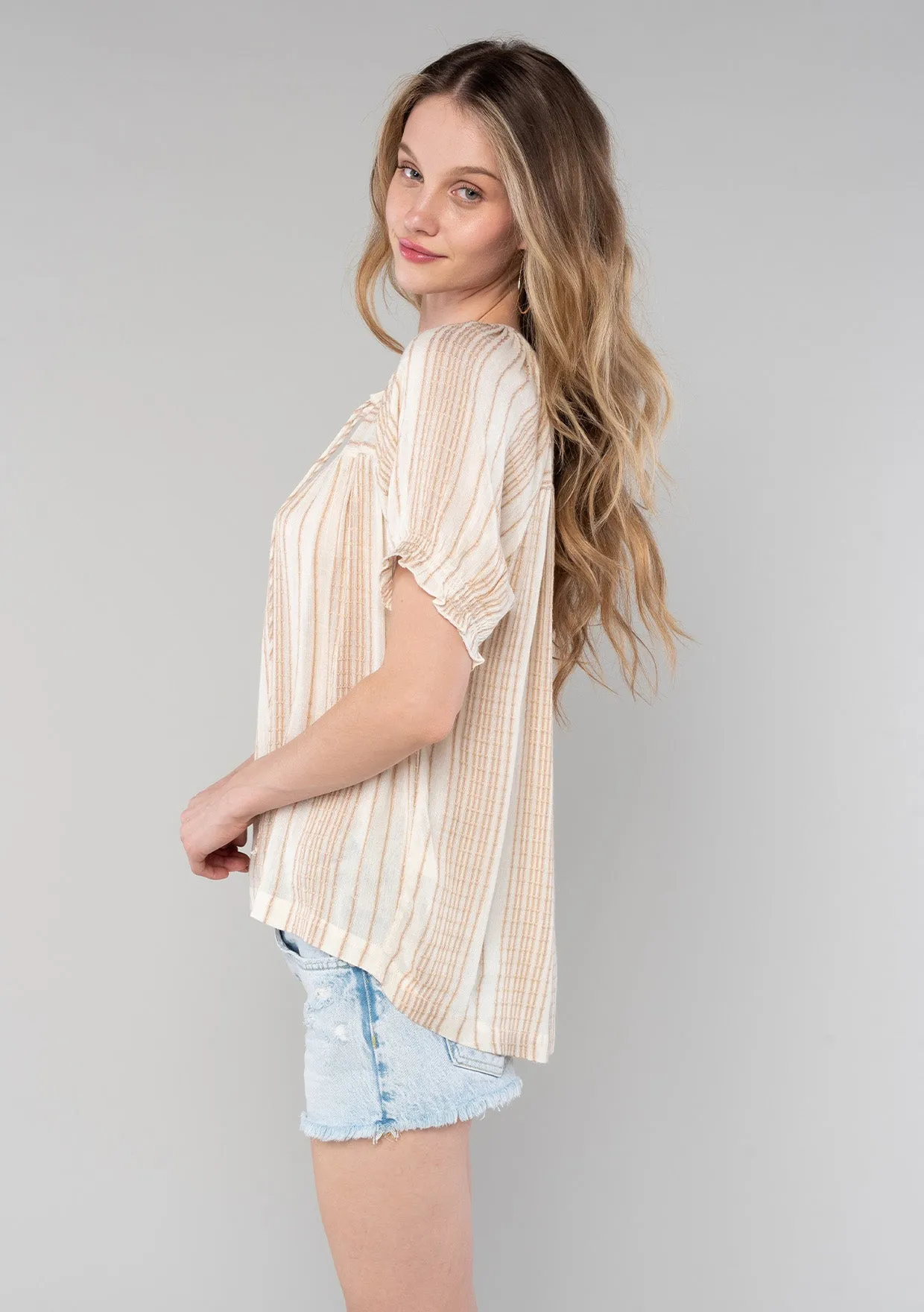 Stripe Ruffled Puff Sleeve Tie Neck Blouse