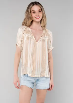 Stripe Ruffled Puff Sleeve Tie Neck Blouse