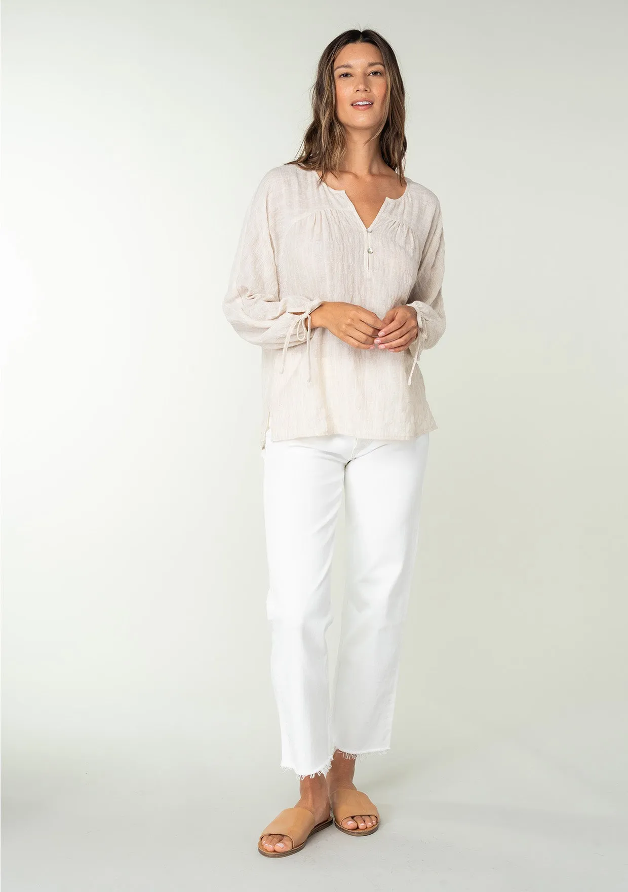 Striped 3/4 Sleeve Curved Yoke Split Neck Top