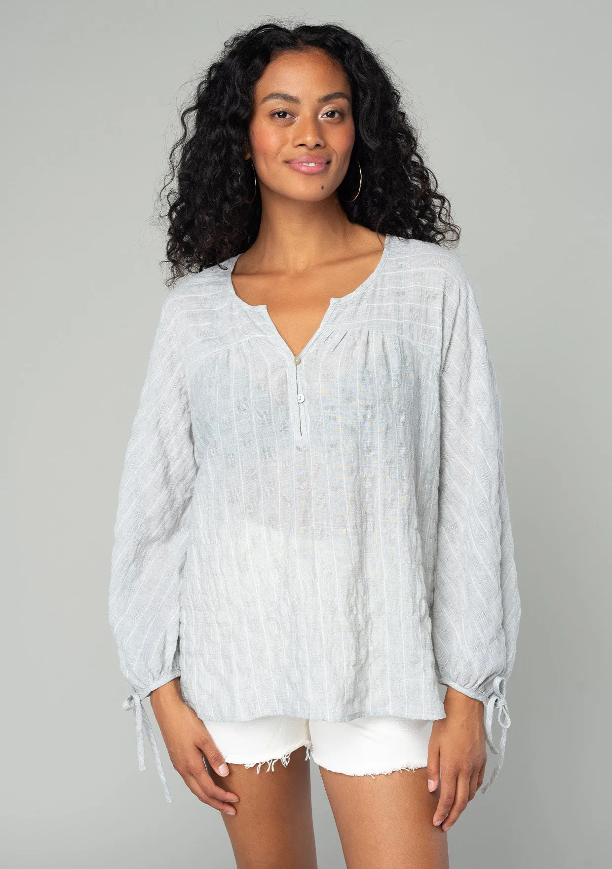 Striped 3/4 Sleeve Curved Yoke Split Neck Top
