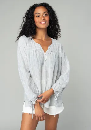 Striped 3/4 Sleeve Curved Yoke Split Neck Top