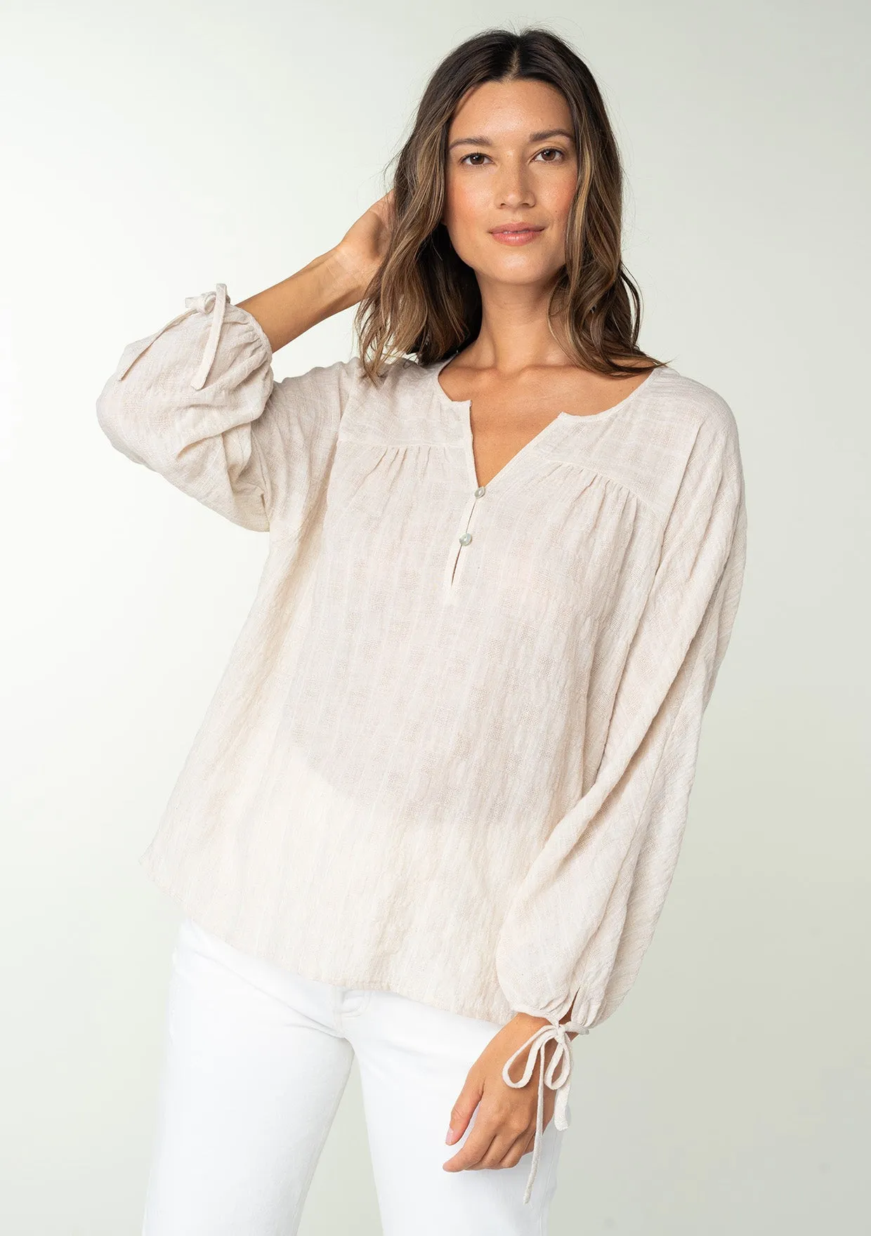 Striped 3/4 Sleeve Curved Yoke Split Neck Top