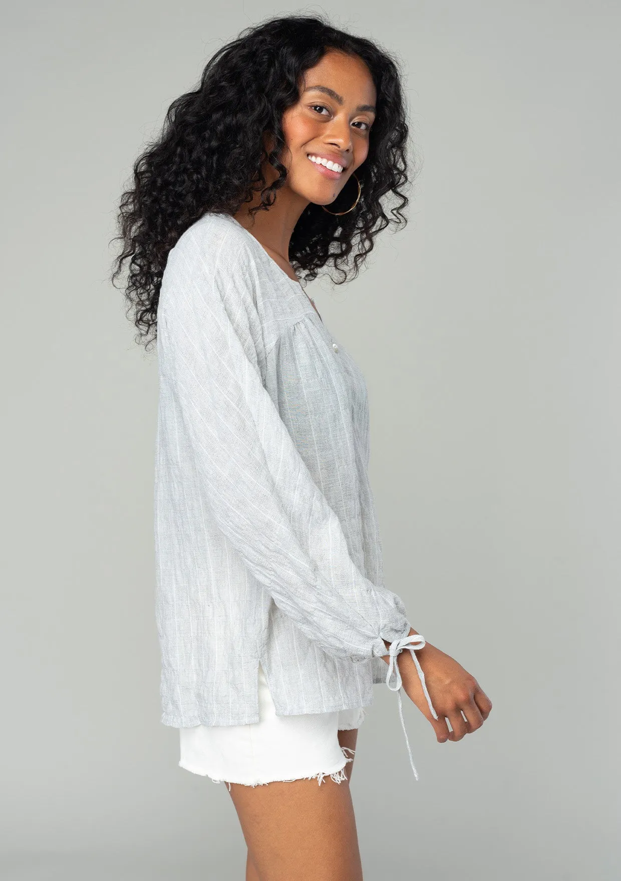 Striped 3/4 Sleeve Curved Yoke Split Neck Top