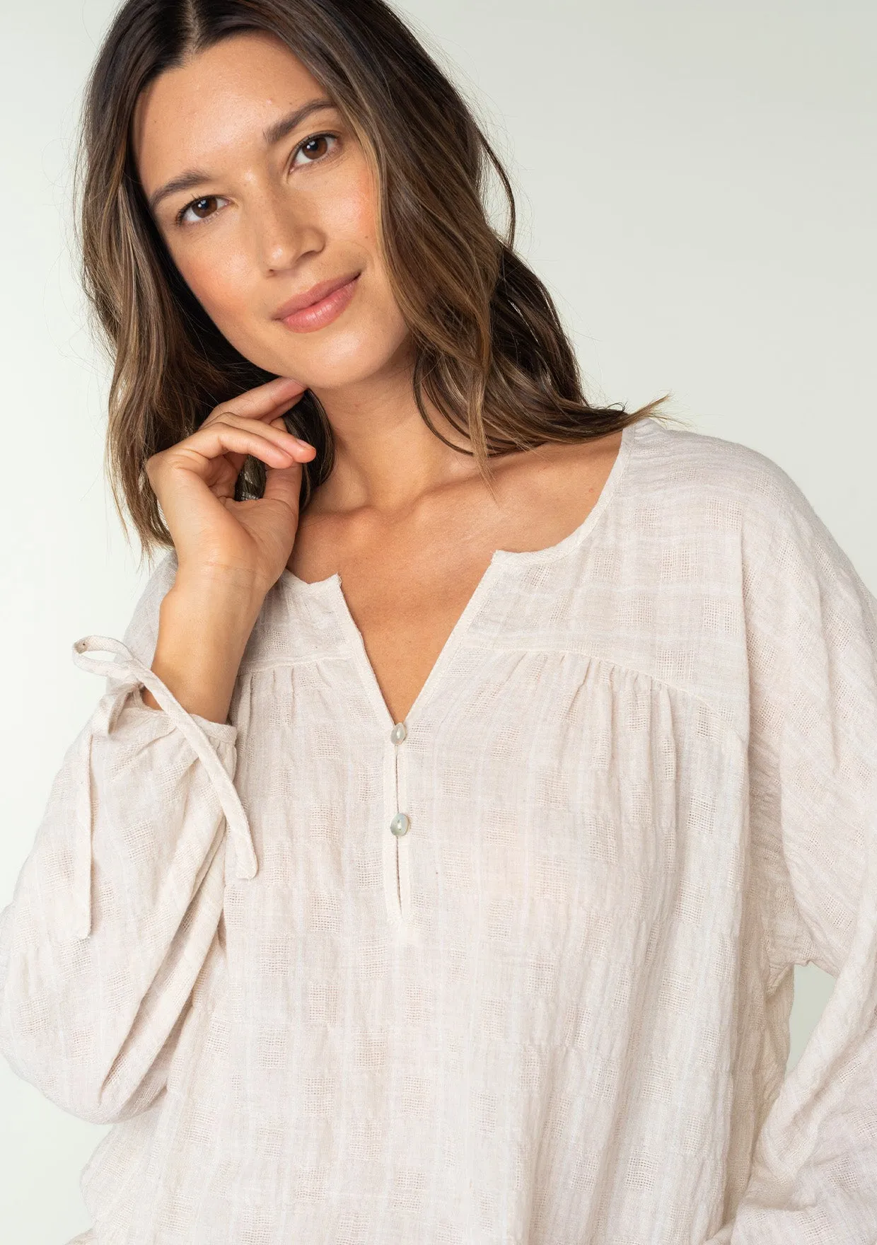 Striped 3/4 Sleeve Curved Yoke Split Neck Top