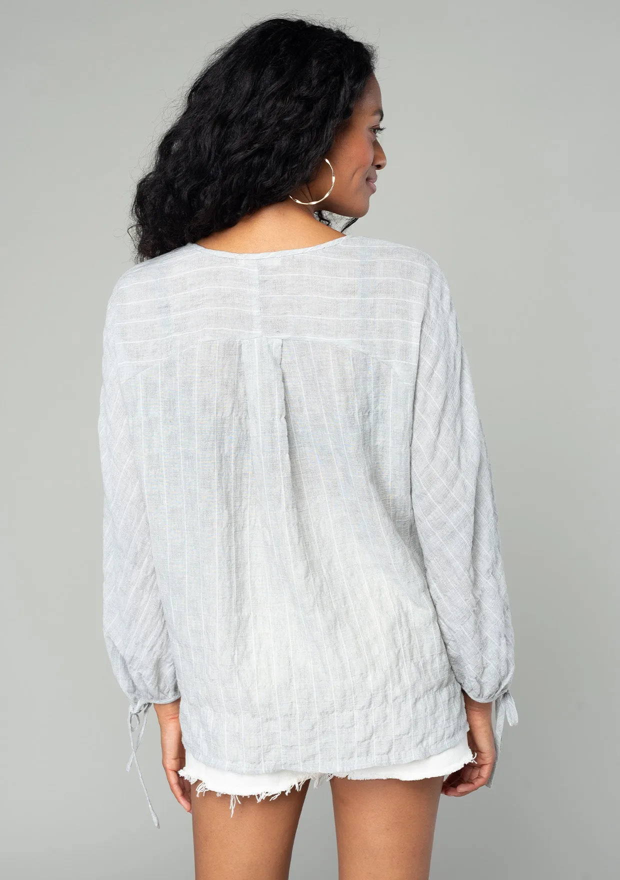 Striped 3/4 Sleeve Curved Yoke Split Neck Top