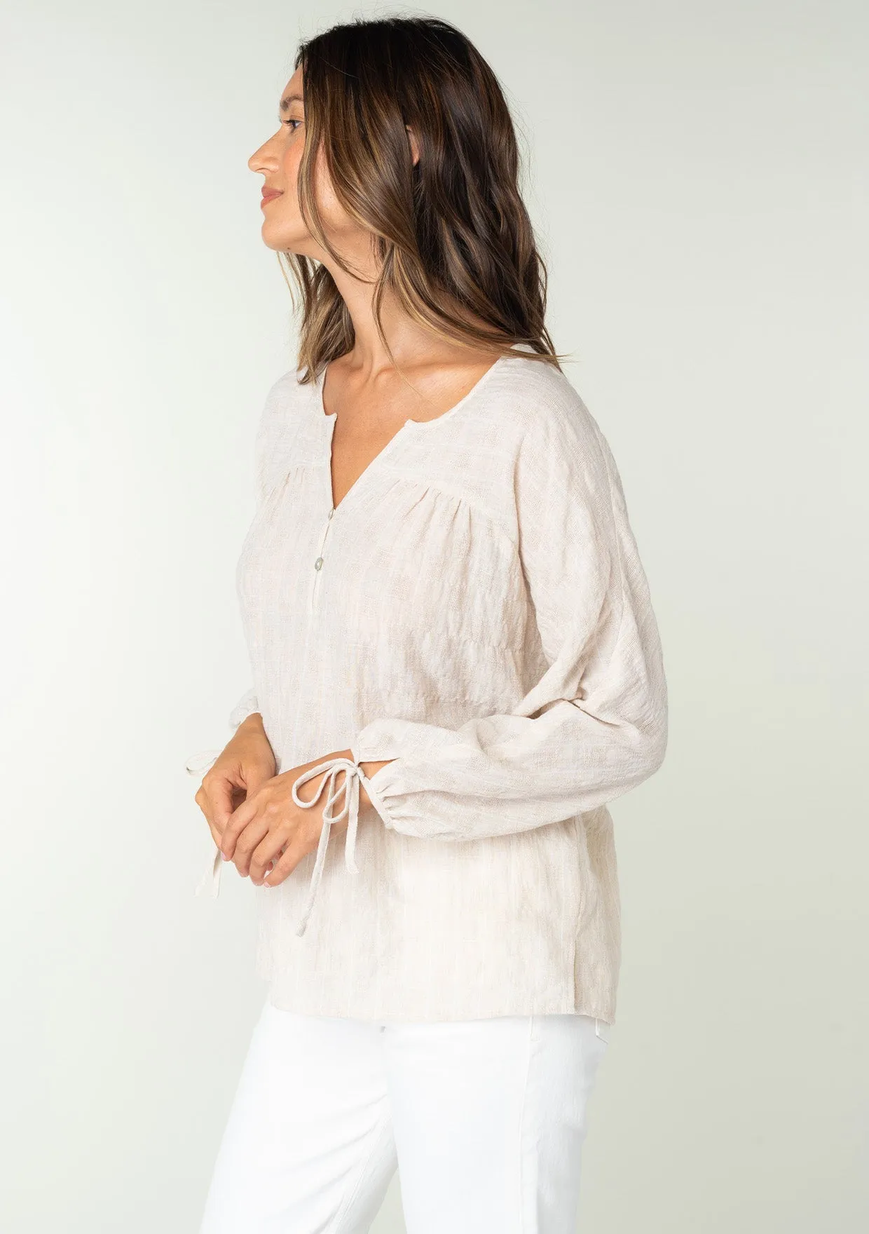 Striped 3/4 Sleeve Curved Yoke Split Neck Top