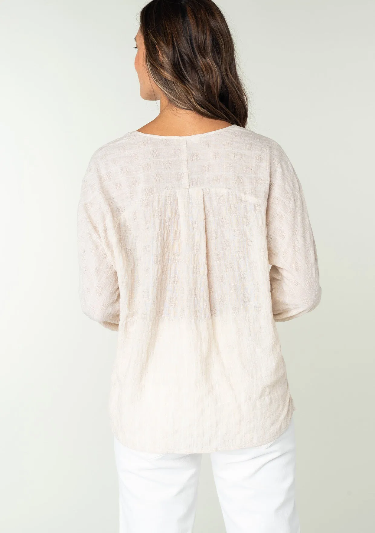 Striped 3/4 Sleeve Curved Yoke Split Neck Top