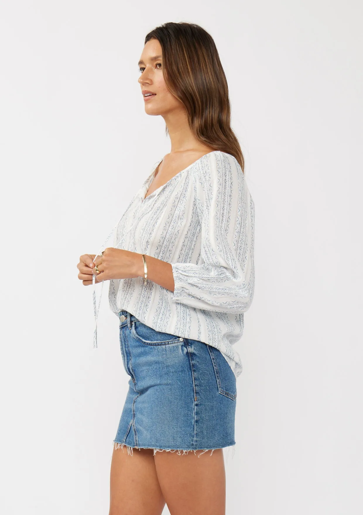 Striped Raglan Billowy Sleeve Tie Blouse