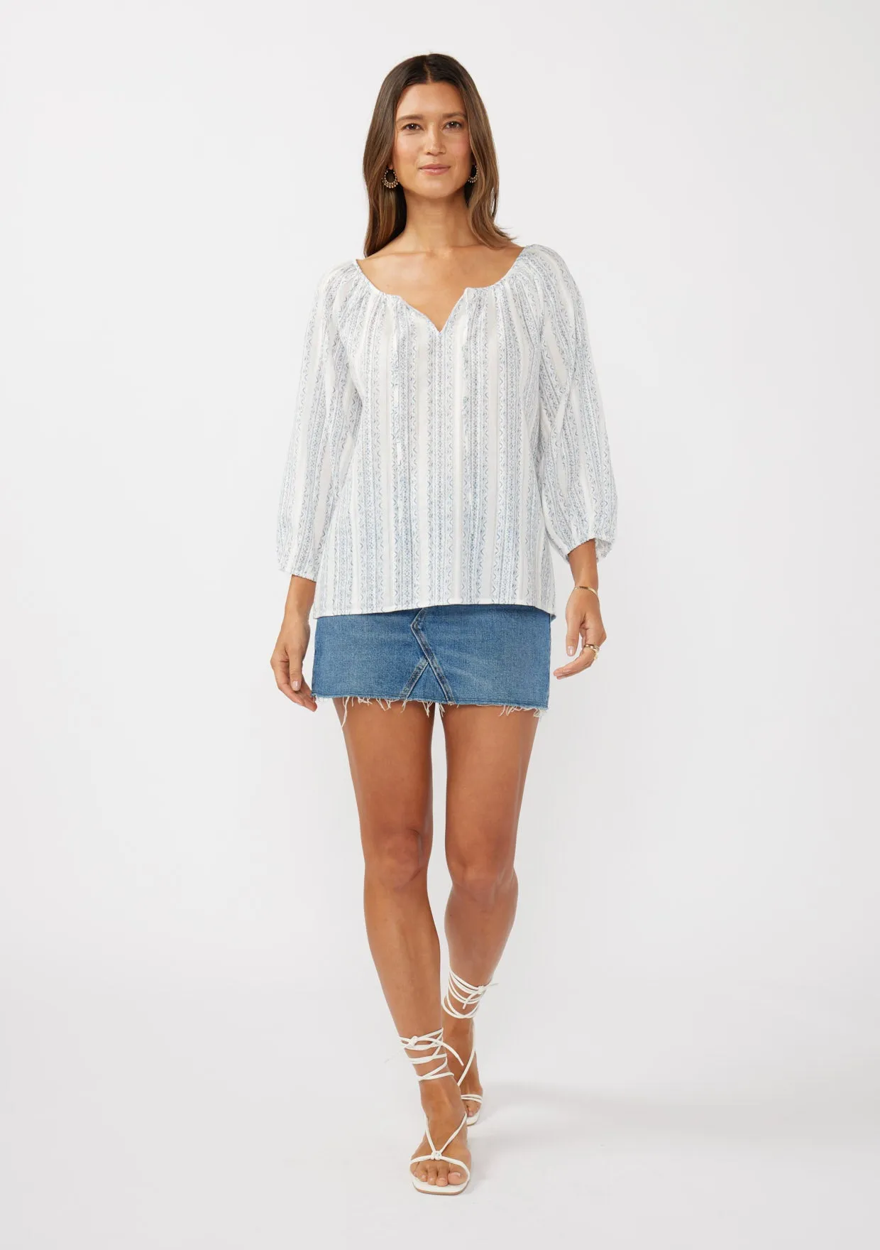 Striped Raglan Billowy Sleeve Tie Blouse