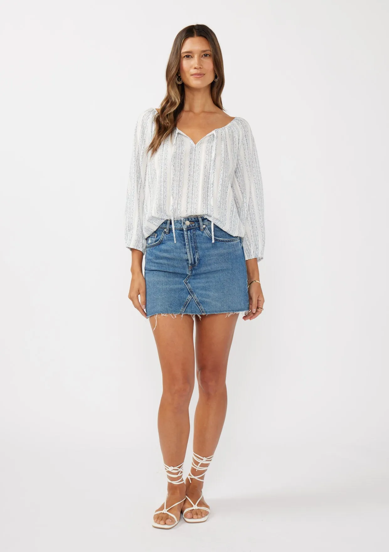 Striped Raglan Billowy Sleeve Tie Blouse