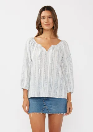 Striped Raglan Billowy Sleeve Tie Blouse