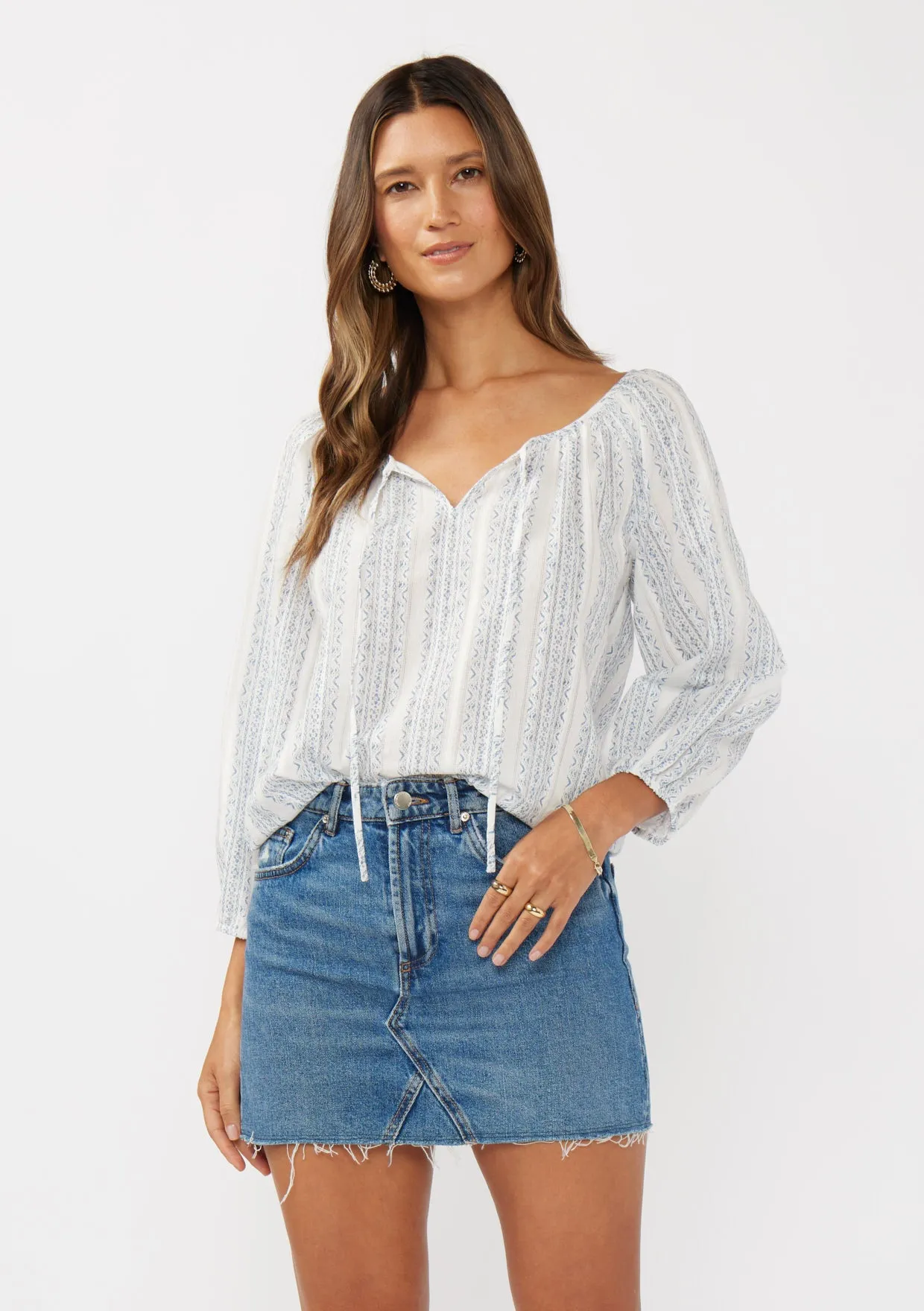 Striped Raglan Billowy Sleeve Tie Blouse