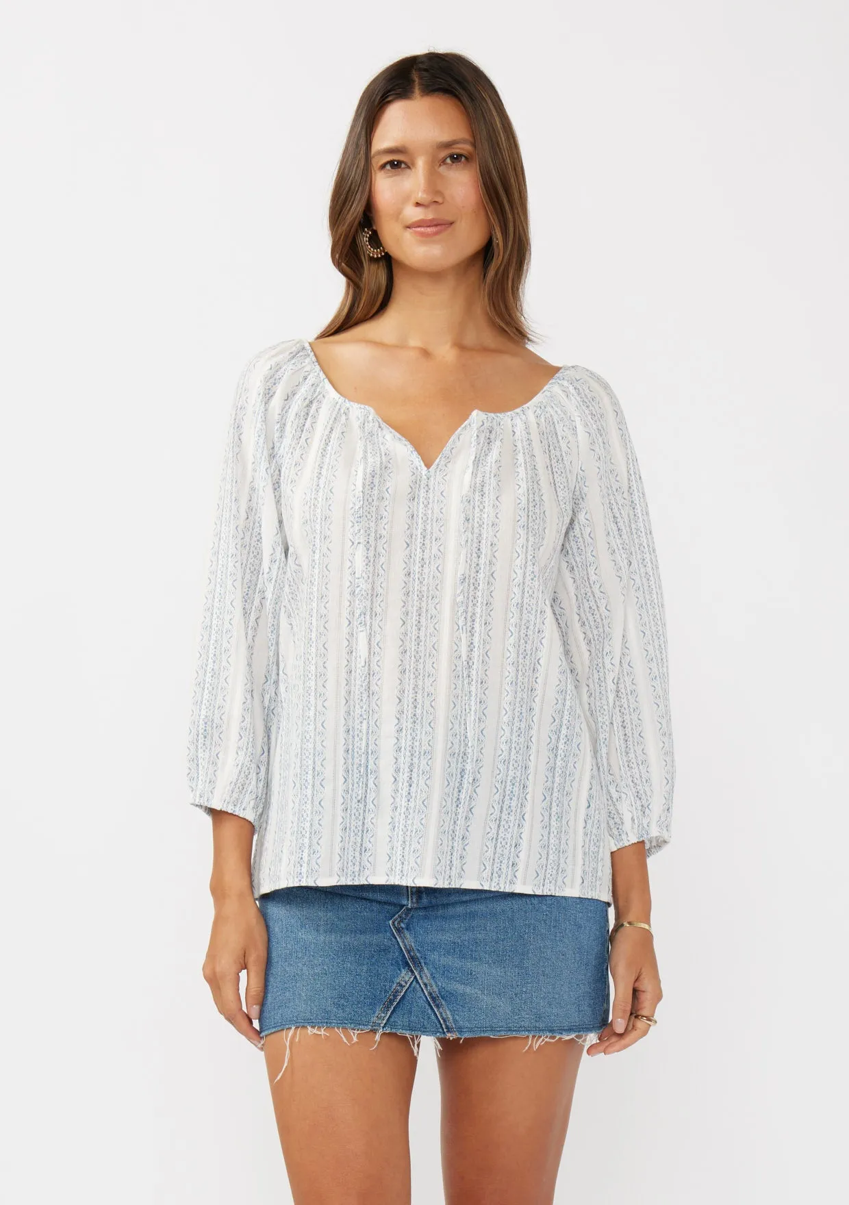 Striped Raglan Billowy Sleeve Tie Blouse