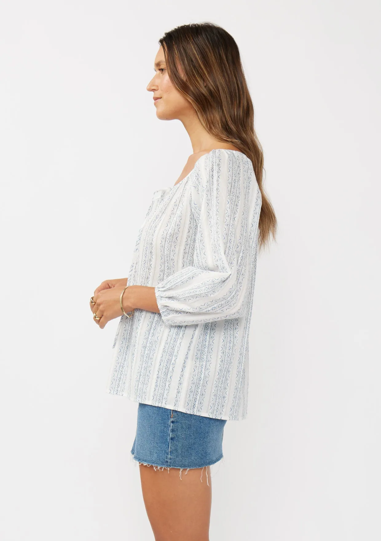 Striped Raglan Billowy Sleeve Tie Blouse