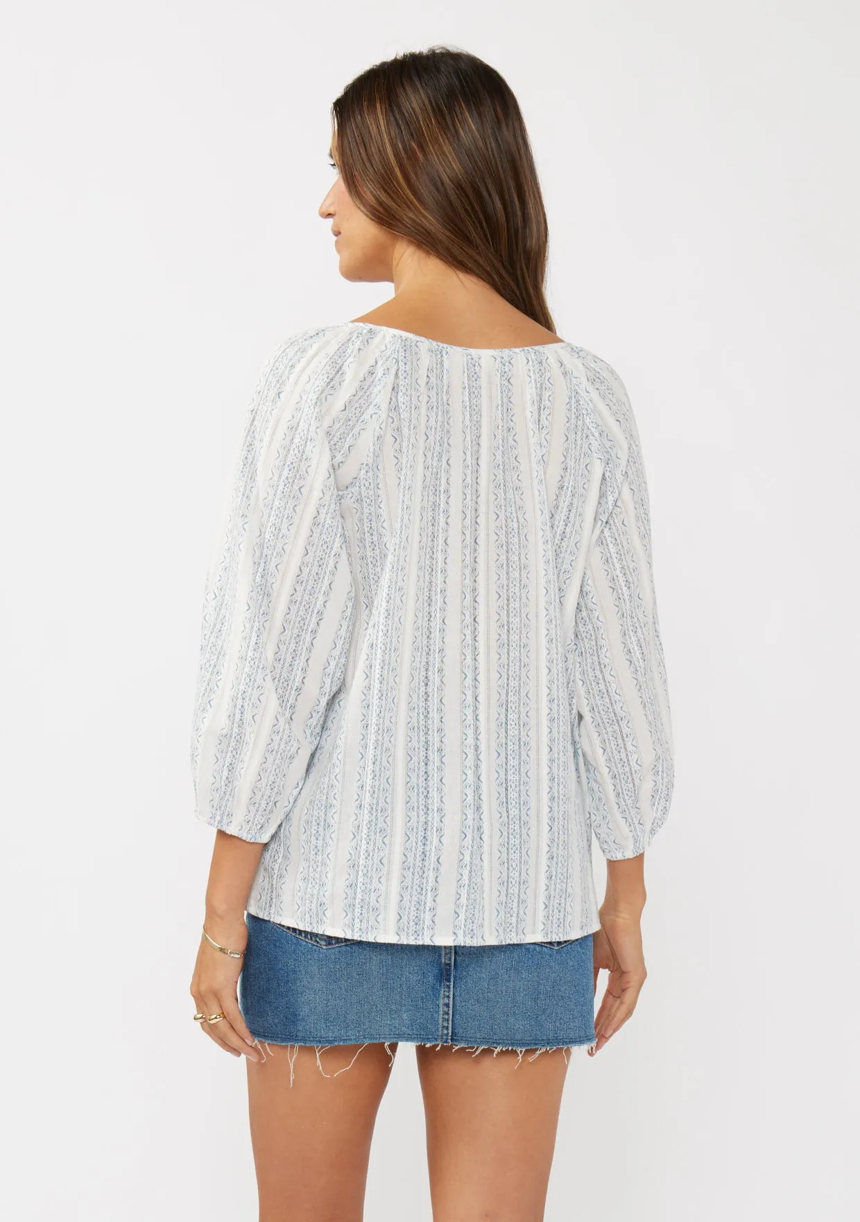 Striped Raglan Billowy Sleeve Tie Blouse