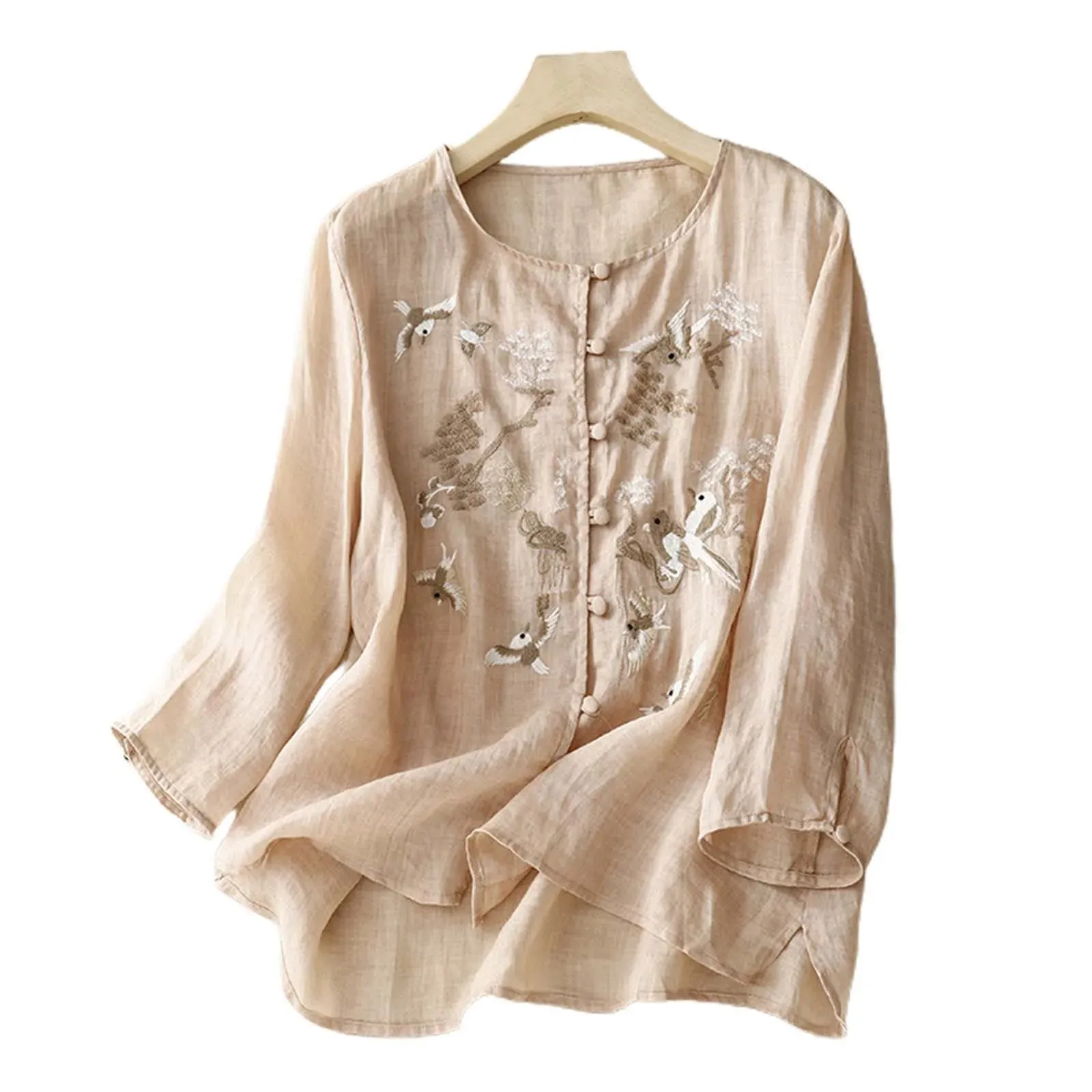 Summer Cotton Linen Shirts & Blouses For Women Vintage Embroidered Loose Fit Shirt Casual Blusas Camisas Solid Tops Blouse 셔츠