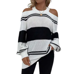 Sweaters for Women Halter Cold Shoulder Color Block Criss Cross V Back Chunky Knit Pullover Jumper Tops Tunics K270