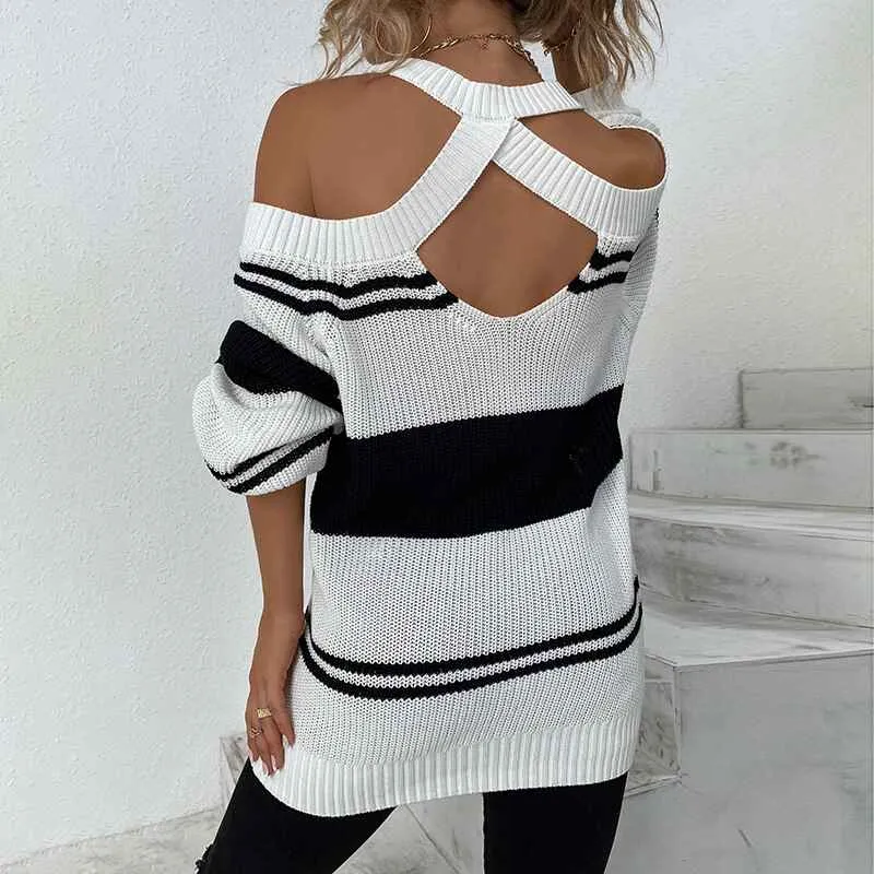 Sweaters for Women Halter Cold Shoulder Color Block Criss Cross V Back Chunky Knit Pullover Jumper Tops Tunics K270
