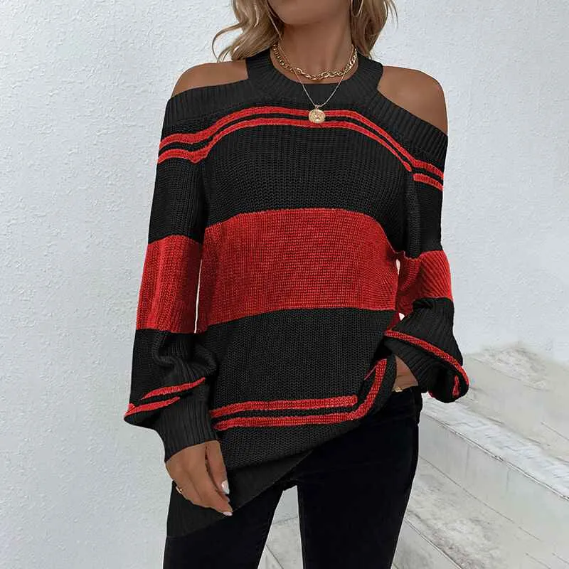 Sweaters for Women Halter Cold Shoulder Color Block Criss Cross V Back Chunky Knit Pullover Jumper Tops Tunics K270