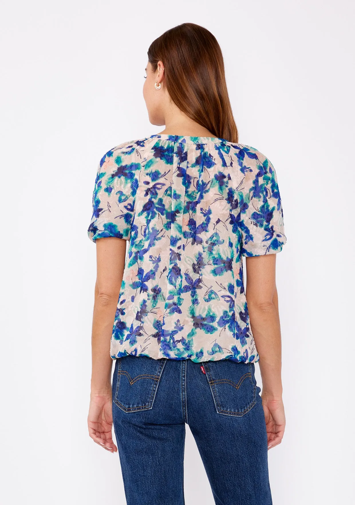 Textured Floral Puff Sleeve Button Front Top