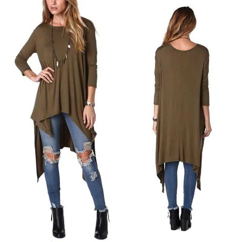 Tshirt women casual Women O-neck fashion Loose plus size Asymmetric long sleeve Tunic T-shirt Dress HOT