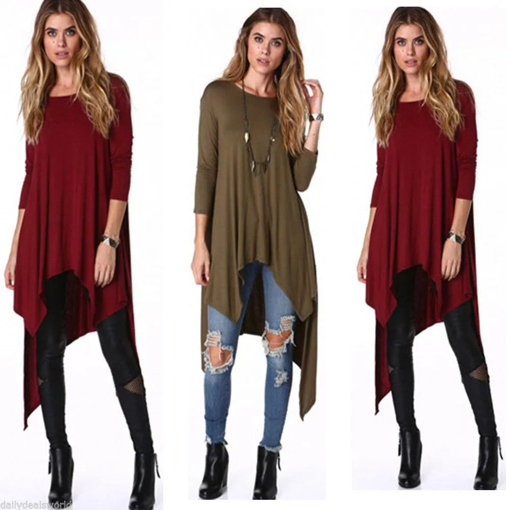 Tshirt women casual Women O-neck fashion Loose plus size Asymmetric long sleeve Tunic T-shirt Dress HOT