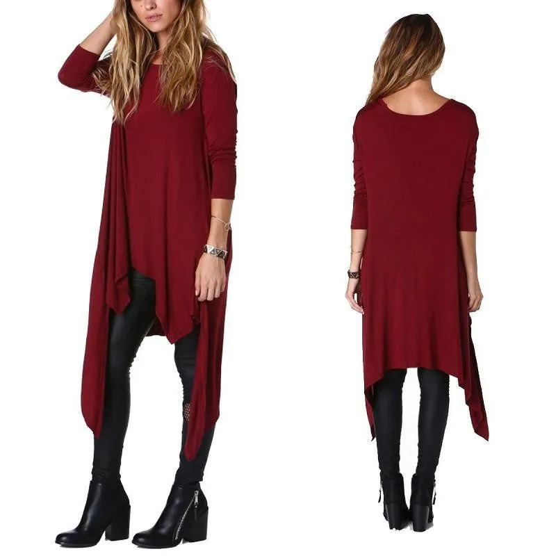 Tshirt women casual Women O-neck fashion Loose plus size Asymmetric long sleeve Tunic T-shirt Dress HOT