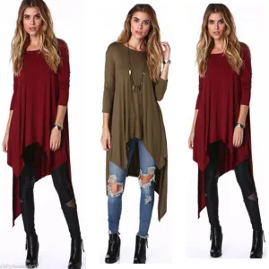 Tshirt women casual Women O-neck fashion Loose plus size Asymmetric long sleeve Tunic T-shirt Dress HOT