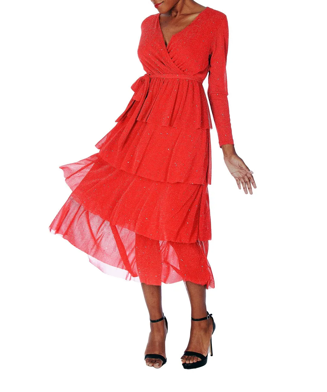 TWO PEARS-Long Sleeve V-neck Belted Ruffled Layered Dress