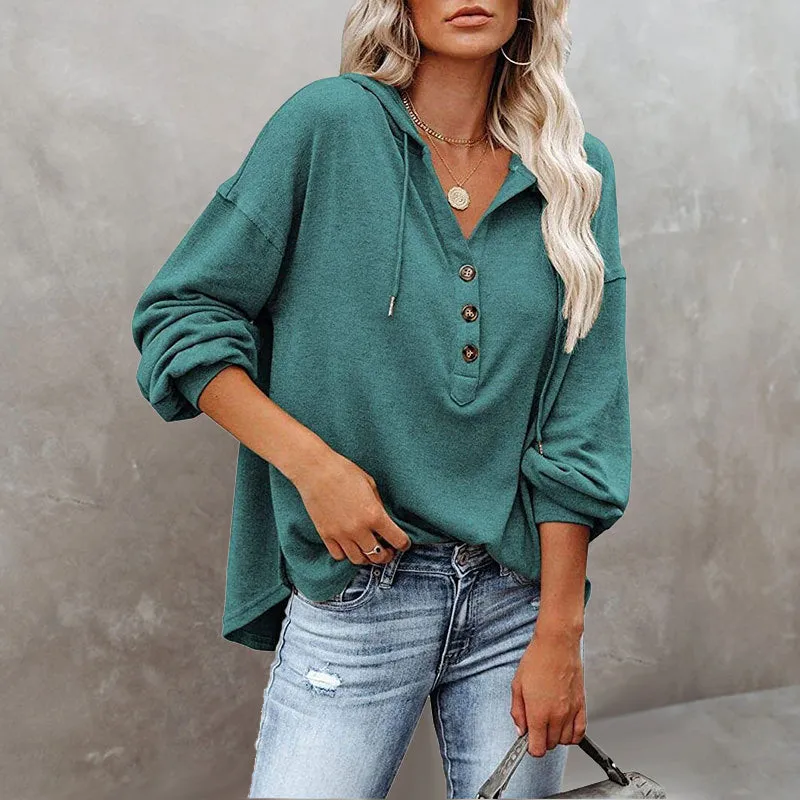 V-Neck Long Sleeve Loose Sports Hoodie