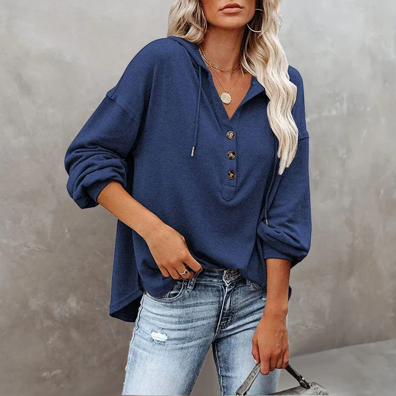 V-Neck Long Sleeve Loose Sports Hoodie