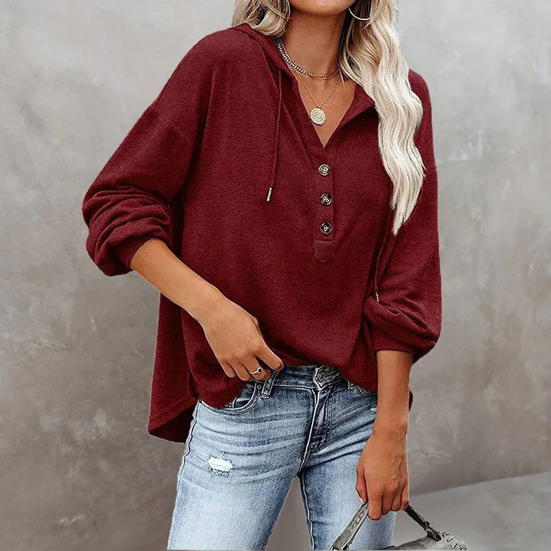V-Neck Long Sleeve Loose Sports Hoodie