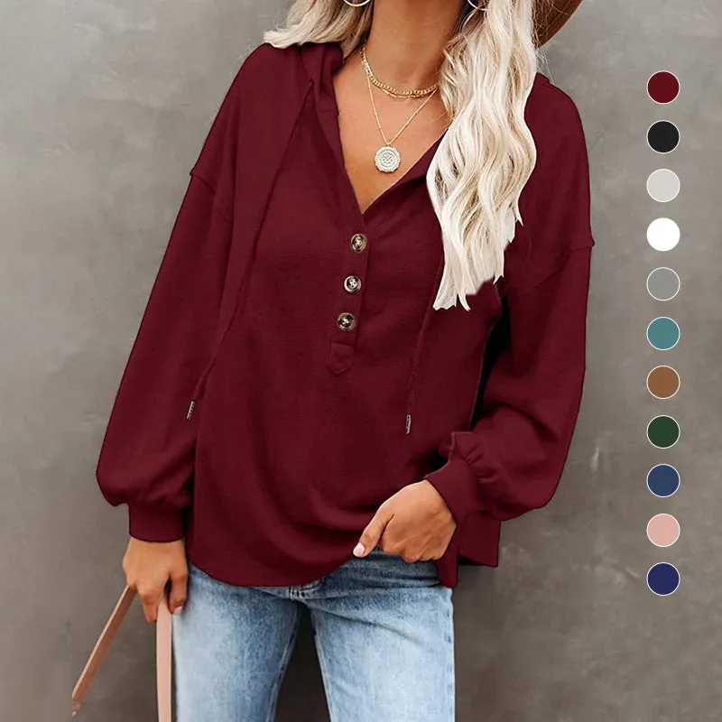 V-Neck Long Sleeve Loose Sports Hoodie