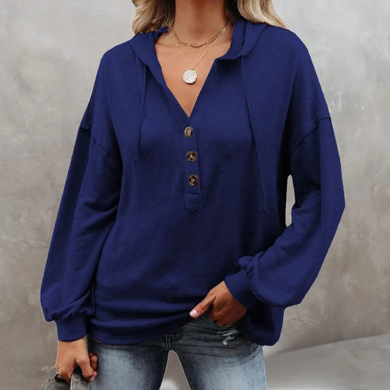 V-Neck Long Sleeve Loose Sports Hoodie