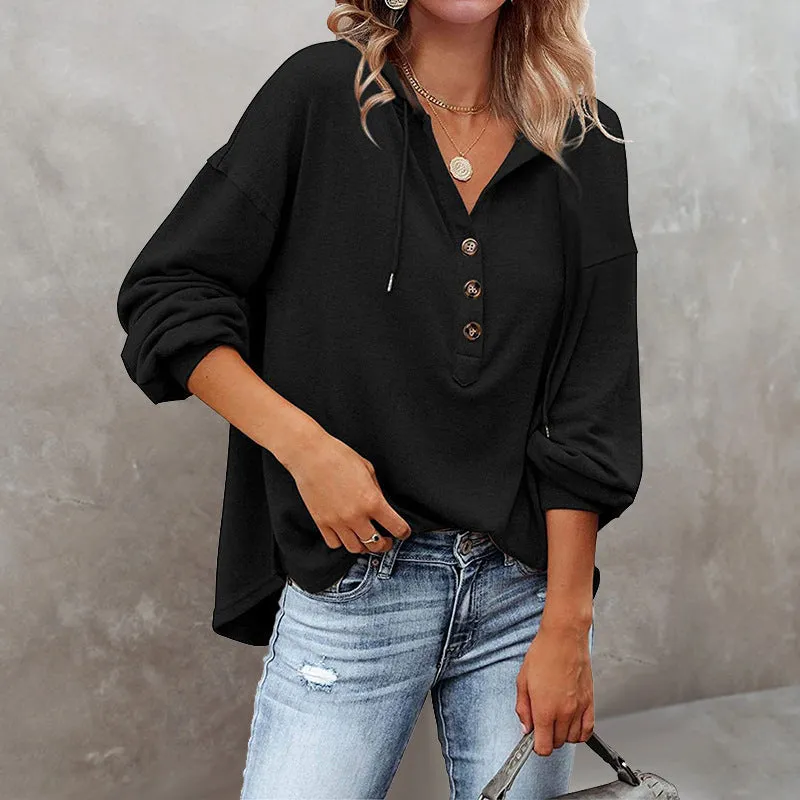 V-Neck Long Sleeve Loose Sports Hoodie