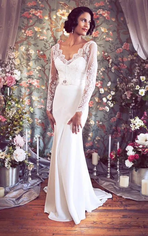 V-Neck Low-V Back Sheath Satin Wedding Dress With Sash And Flower-ET_711344