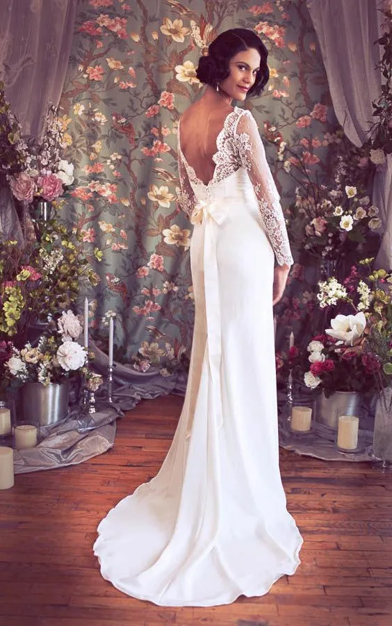 V-Neck Low-V Back Sheath Satin Wedding Dress With Sash And Flower-ET_711344