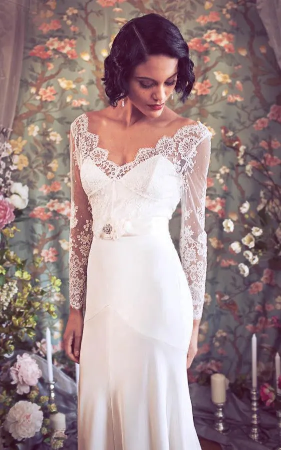 V-Neck Low-V Back Sheath Satin Wedding Dress With Sash And Flower-ET_711344